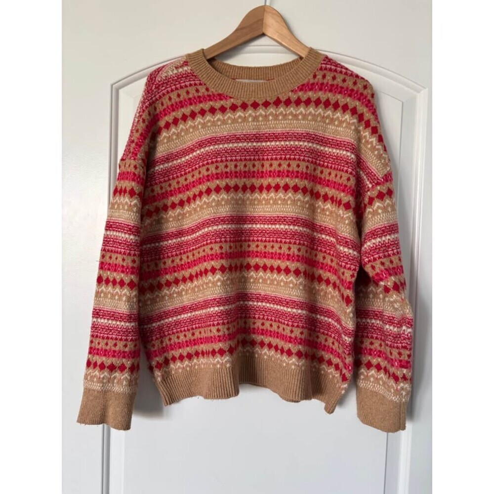 LOFT Pink and Tan Geo Fair Isle Knit Crewneck Sweater - Women's Size Large